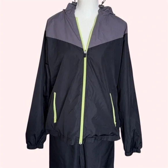 BCG Windsuit Gray Black Neon Green Hooded Jacket & Pants Tracksuit Unisex Sz L - Picture 12 of 14